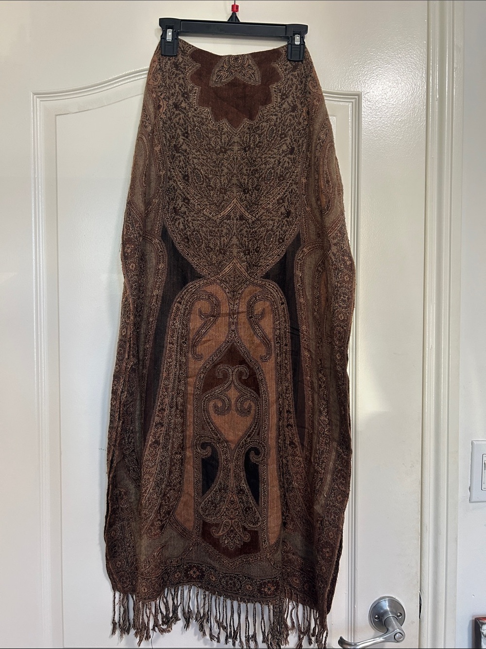 Elegant Brown Paisley Fringe Wrap Scarf